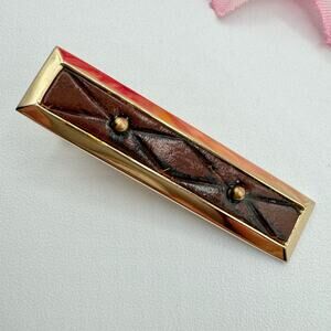 Vintage Hickok Quilted Leather Tie Clip Bar Rich Brown Gold Tone Classic Signed